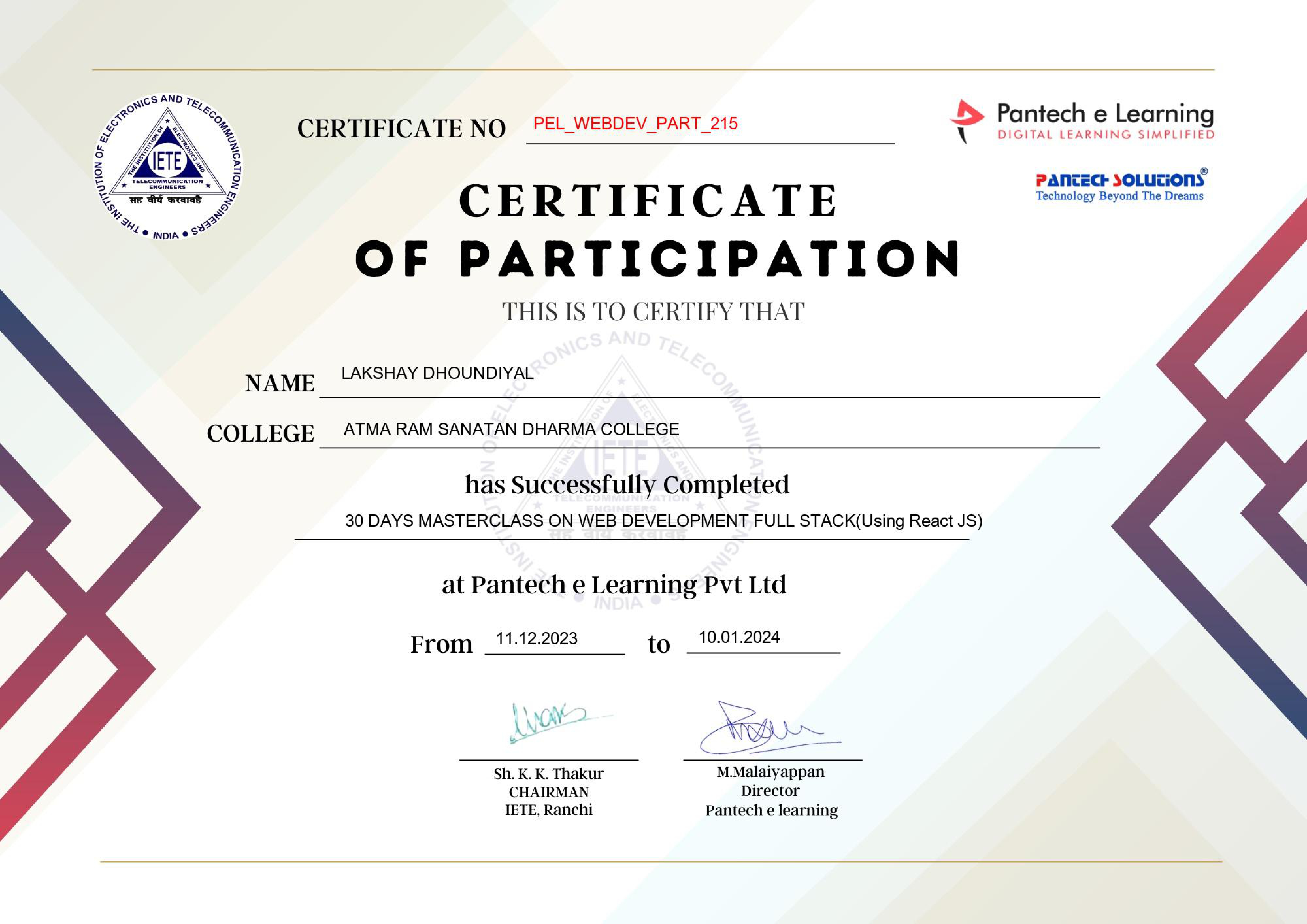 Masterclass in Full Stack Development certificate preview
